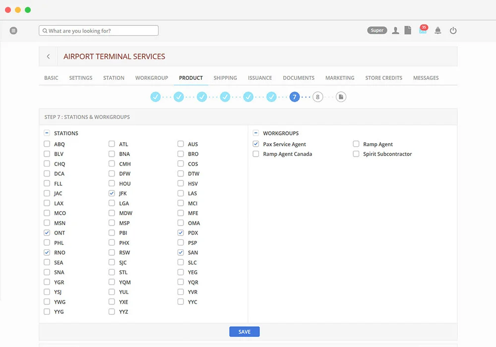 Airport terminal services page of Incentex Web app