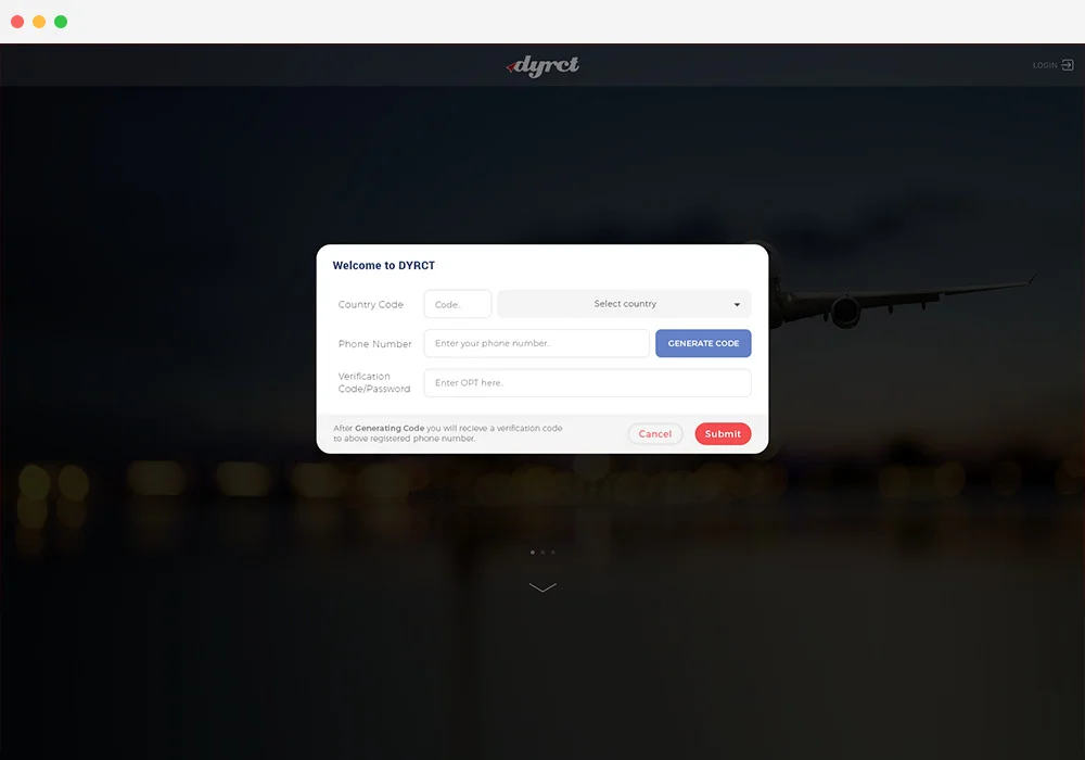 Login page of DYRCT a One Touch Navigation System