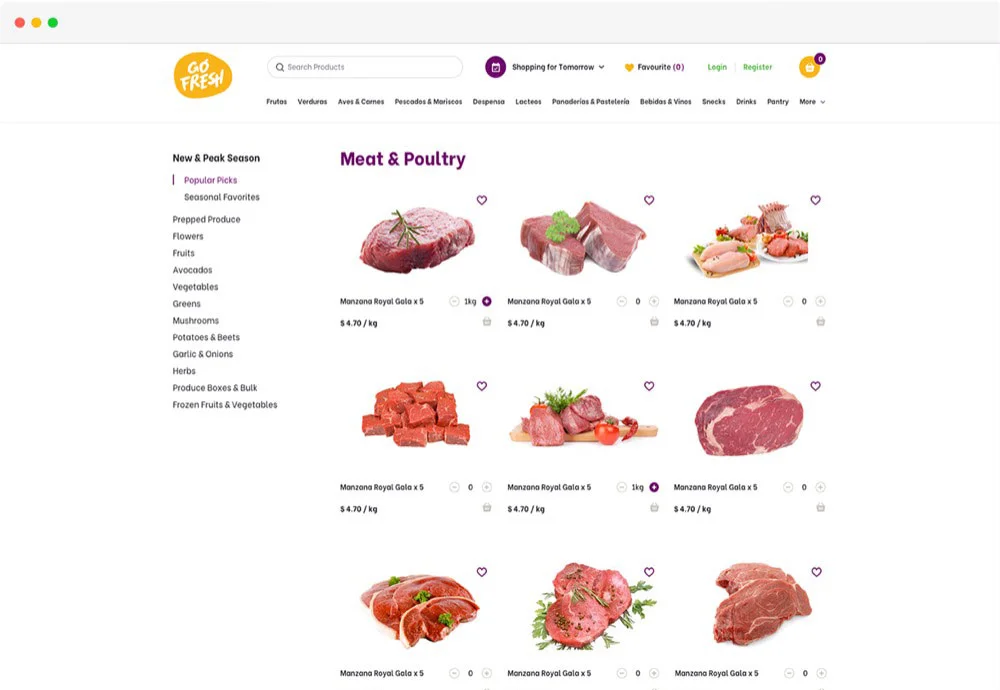 meat and poultry page of the ecommerece grocery website