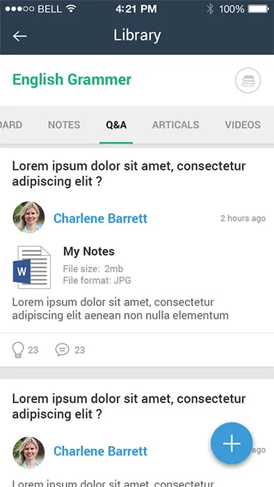 library screen of the social learning app