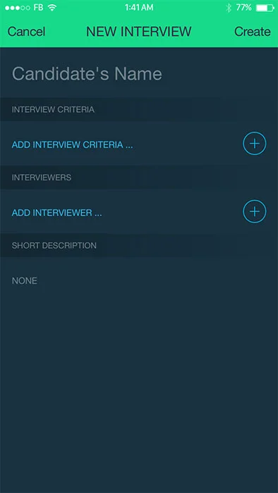 New interview screen of interview management app