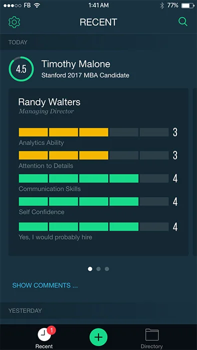 recent interview screen of interview management app